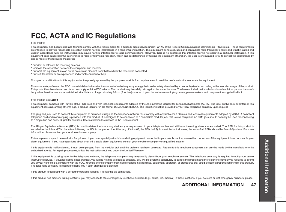Fcc, acta and ic regulations, Additional information | VTech BS5872 User Manual | Page 47 / 53