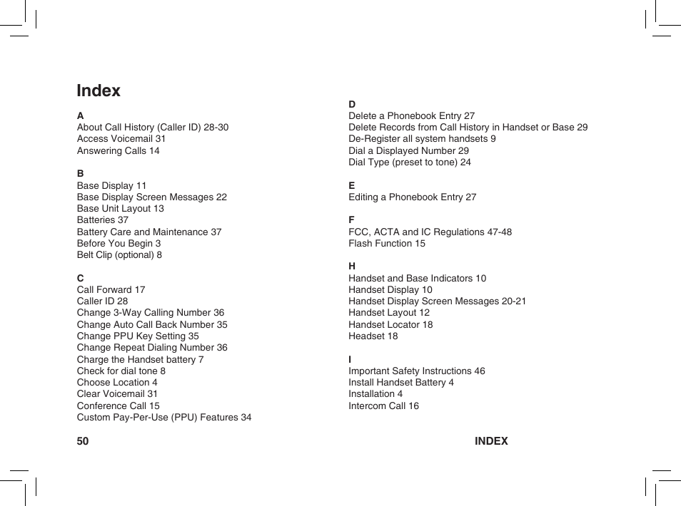 Index | VTech BS5872 User Manual | Page 50 / 53
