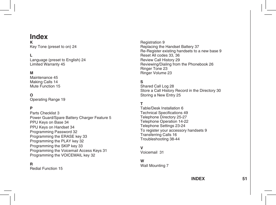 Index | VTech BS5872 User Manual | Page 51 / 53