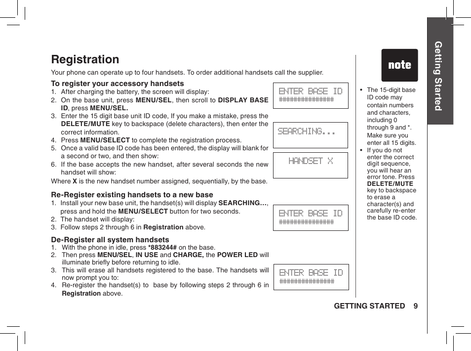 Registration, Gett in g s ta rte d | VTech BS5872 User Manual | Page 9 / 53