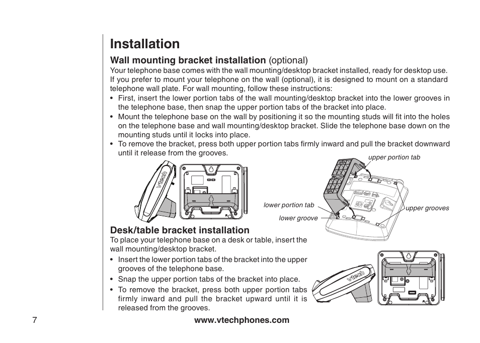 Desk/table bracket installation, Wall mounting bracket installation (optional), Wall mounting bracket installation | Installation | VTech i6790 User Manual | Page 10 / 61