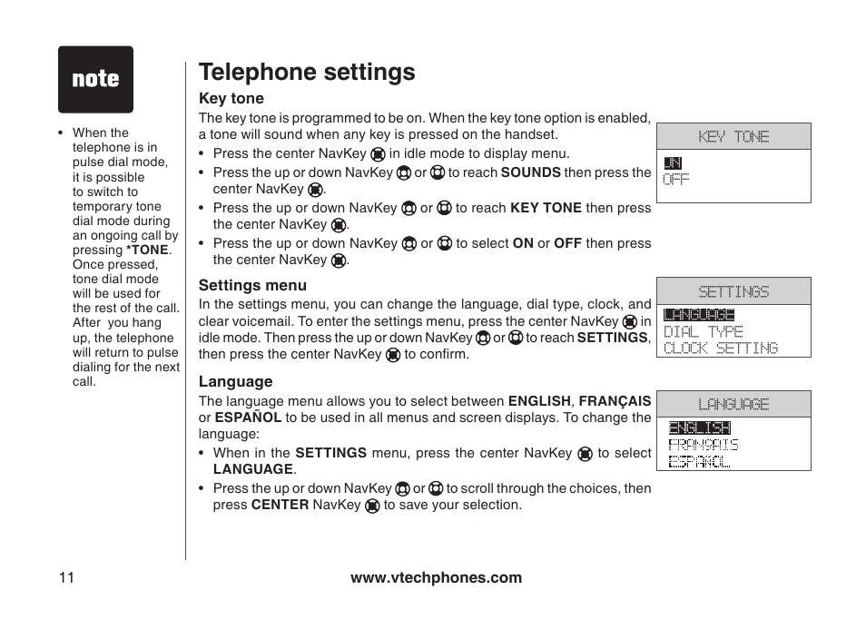 Key tone, Language, Settings menu | Telephone settings | VTech i6790 User Manual | Page 14 / 61