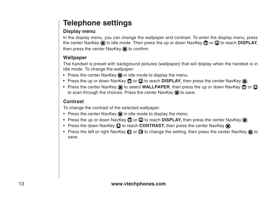 Contrast, Display menu, Wallpaper | Telephone settings | VTech i6790 User Manual | Page 16 / 61