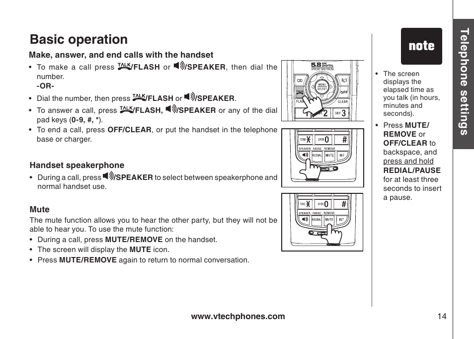 Basic operation, Handset speakerphone, Make, answer, and end calls with the handset | Mute, Te le ph on e s ett in gs | VTech i6790 User Manual | Page 17 / 61