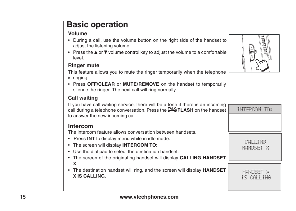 Call waiting, Intercom, Ringer mute | Volume, Basic operation | VTech i6790 User Manual | Page 18 / 61