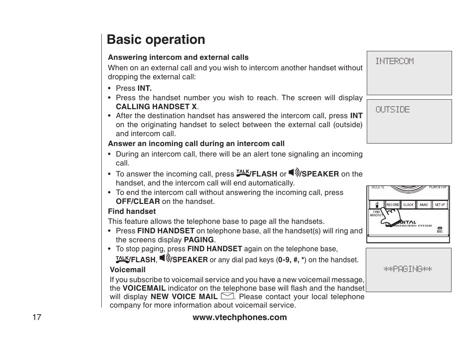 Answer an incoming call during an intercom call, Answering intercom and external calls, Find handset | Voicemail, Basic operation | VTech i6790 User Manual | Page 20 / 61