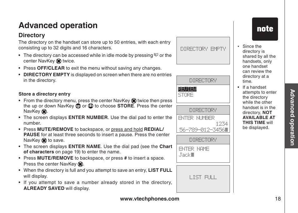 Advanced operation, Directory, Store a directory entry | VTech i6790 User Manual | Page 21 / 61