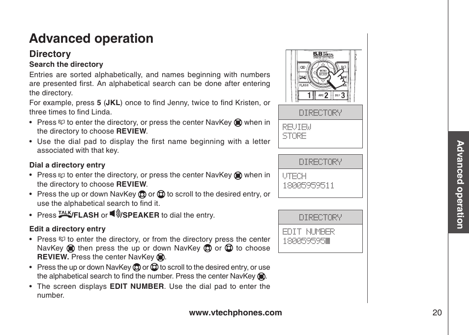 Dial a directory entry, Edit a directory entry, Search the directory | Advanced operation | VTech i6790 User Manual | Page 23 / 61