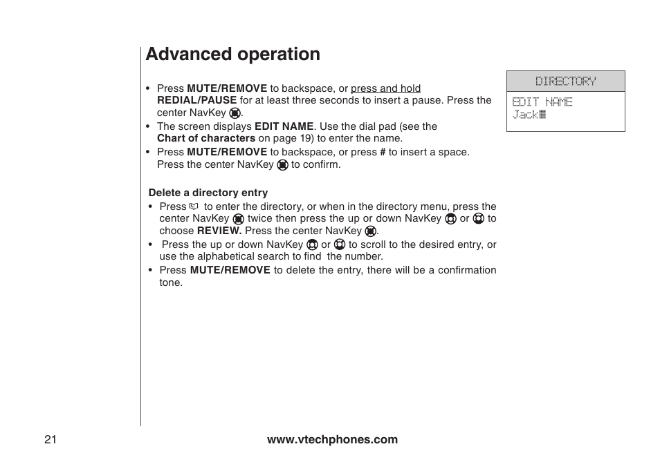 Delete a directory entry, Advanced operation | VTech i6790 User Manual | Page 24 / 61