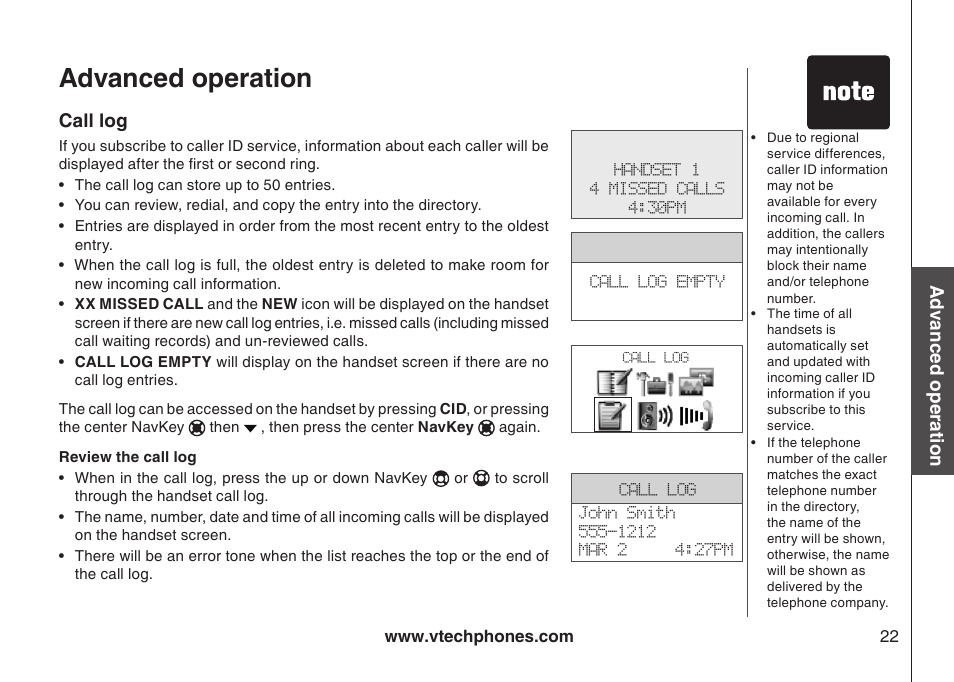 Call log, Review the call log, Advanced operation | VTech i6790 User Manual | Page 25 / 61