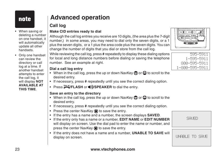 Dial a call log entry, Save an entry to the directory, Advanced operation | VTech i6790 User Manual | Page 26 / 61