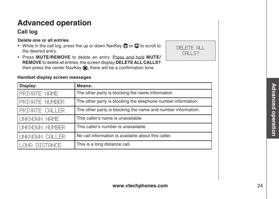 Delete one or all entries, Handset display screen messages, Advanced operation | VTech i6790 User Manual | Page 27 / 61