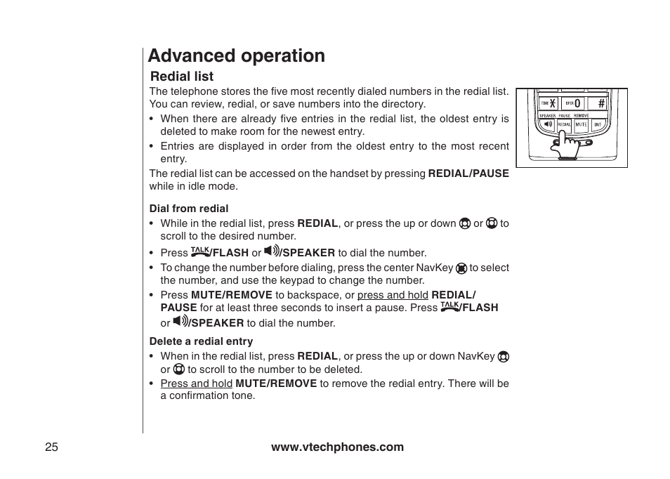 Delete a redial entry, Dial from redial, Redial list | Advanced operation | VTech i6790 User Manual | Page 28 / 61