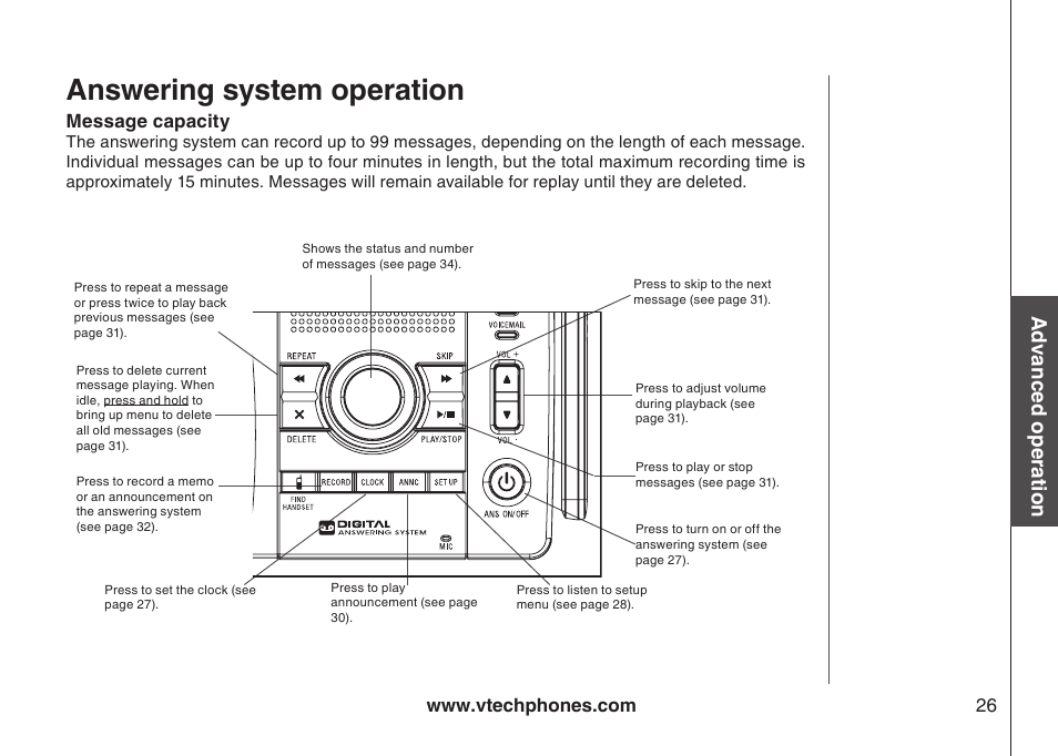 Answering system operation, Message capacity, Advanced operation | VTech i6790 User Manual | Page 29 / 61