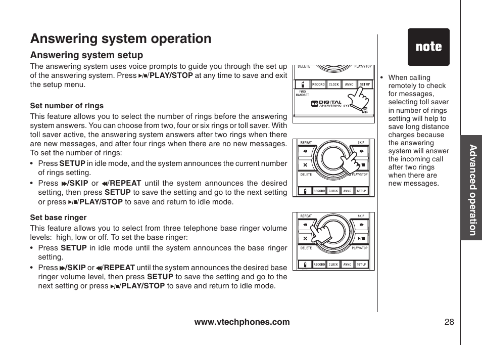 Set base ringer, Set number of rings, Answering system operation | VTech i6790 User Manual | Page 31 / 61