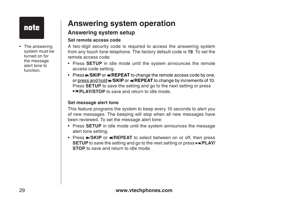 Set message alert tone, Set remote access code, Answering system operation | VTech i6790 User Manual | Page 32 / 61