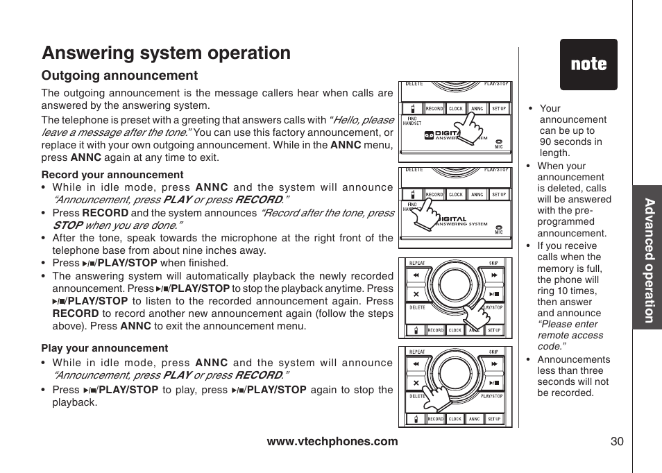 Delete your announcement, Outgoing announcement, Play your announcement | Record your announcement, Answering system operation | VTech i6790 User Manual | Page 33 / 61