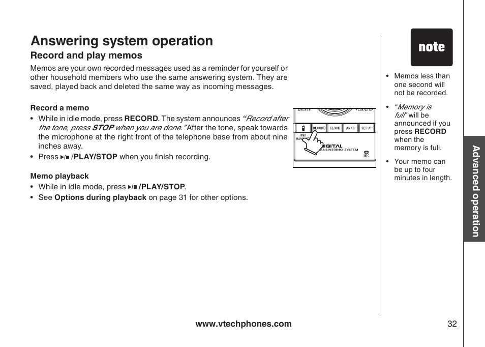 Memo playback, Record a memo, Record and play memos | Answering system operation | VTech i6790 User Manual | Page 35 / 61