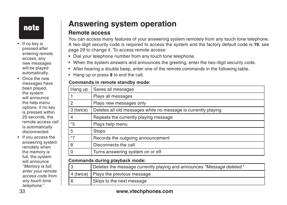 Commands during playback mode, Commands in remote standby mode, Remote access | Answering system operation | VTech i6790 User Manual | Page 36 / 61