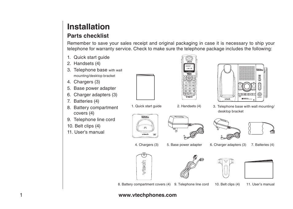 Installation, Parts checklist | VTech i6790 User Manual | Page 4 / 61