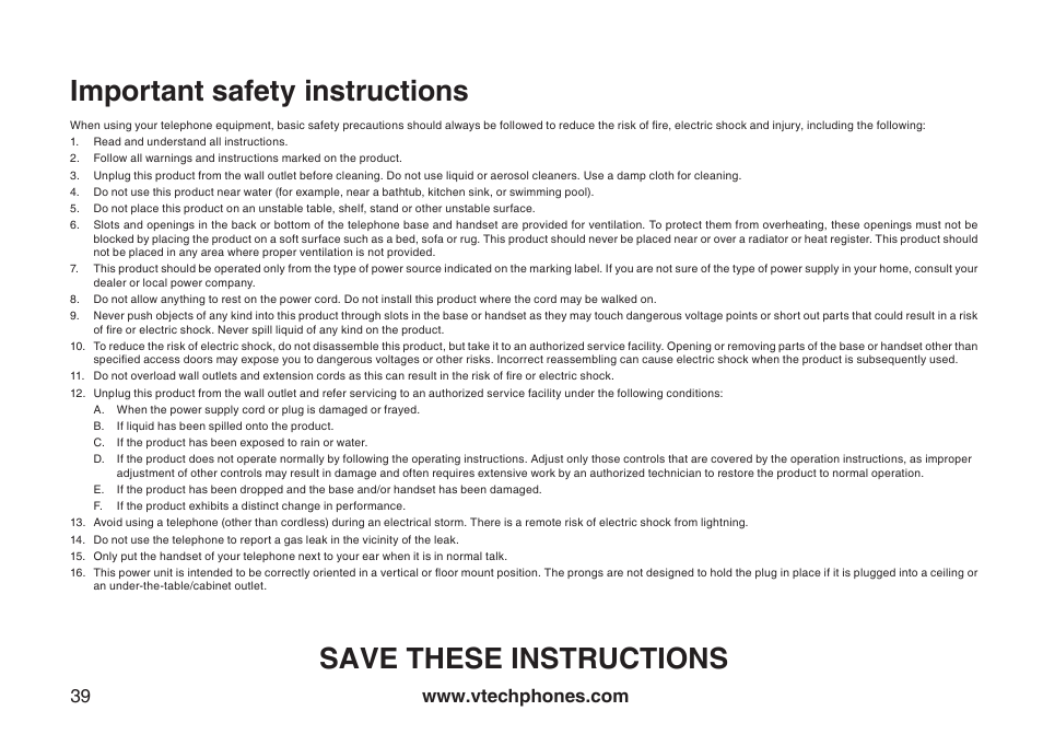 Important safety instructions, Save these instructions | VTech i6790 User Manual | Page 42 / 61