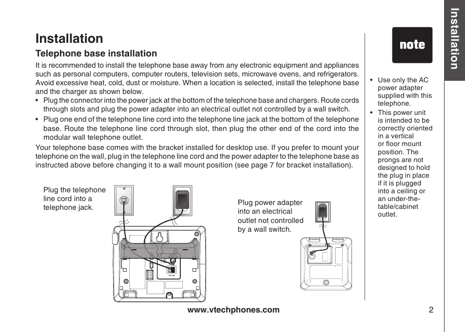 Telephone base installation, Installation, Bas ic o pe ra tio n | VTech i6790 User Manual | Page 5 / 61