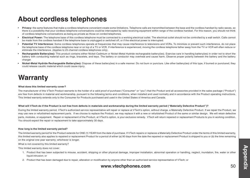 About cordless telephones, Limited warranty, Warranty | Appendix | VTech i6790 User Manual | Page 53 / 61