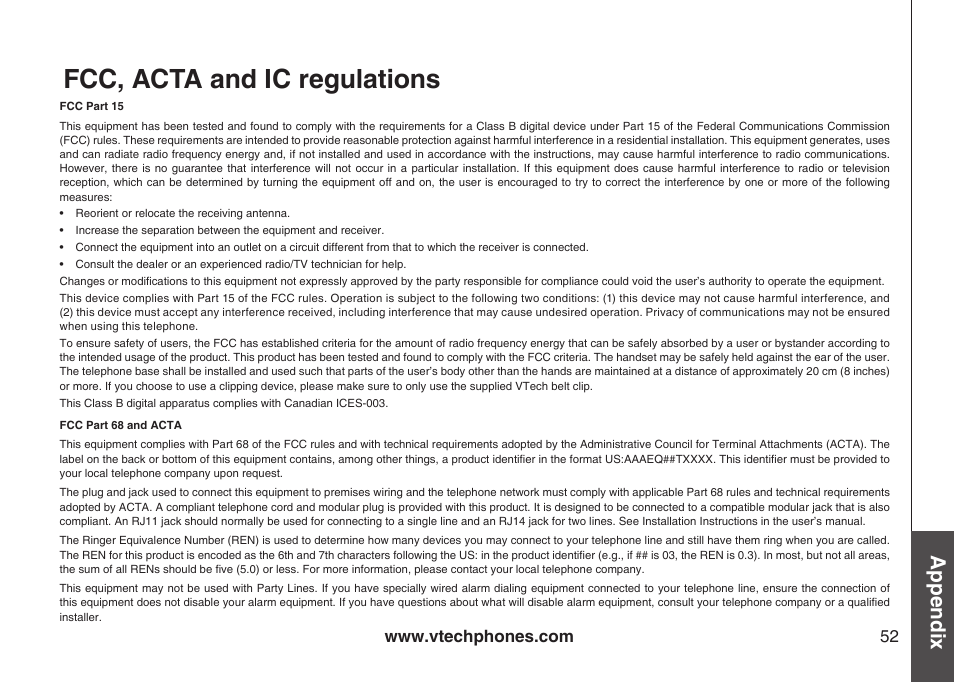 Fcc, acta and ic regulations, Appendix | VTech i6790 User Manual | Page 55 / 61