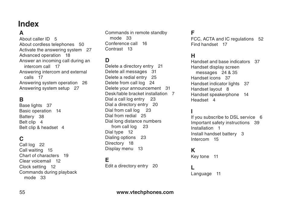 Index | VTech i6790 User Manual | Page 58 / 61