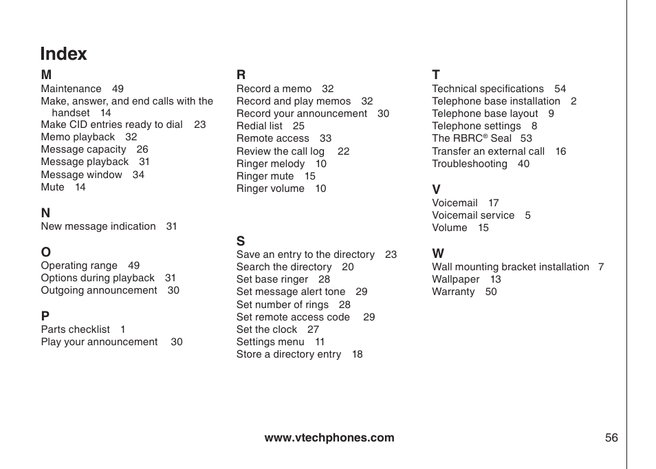 Index | VTech i6790 User Manual | Page 59 / 61