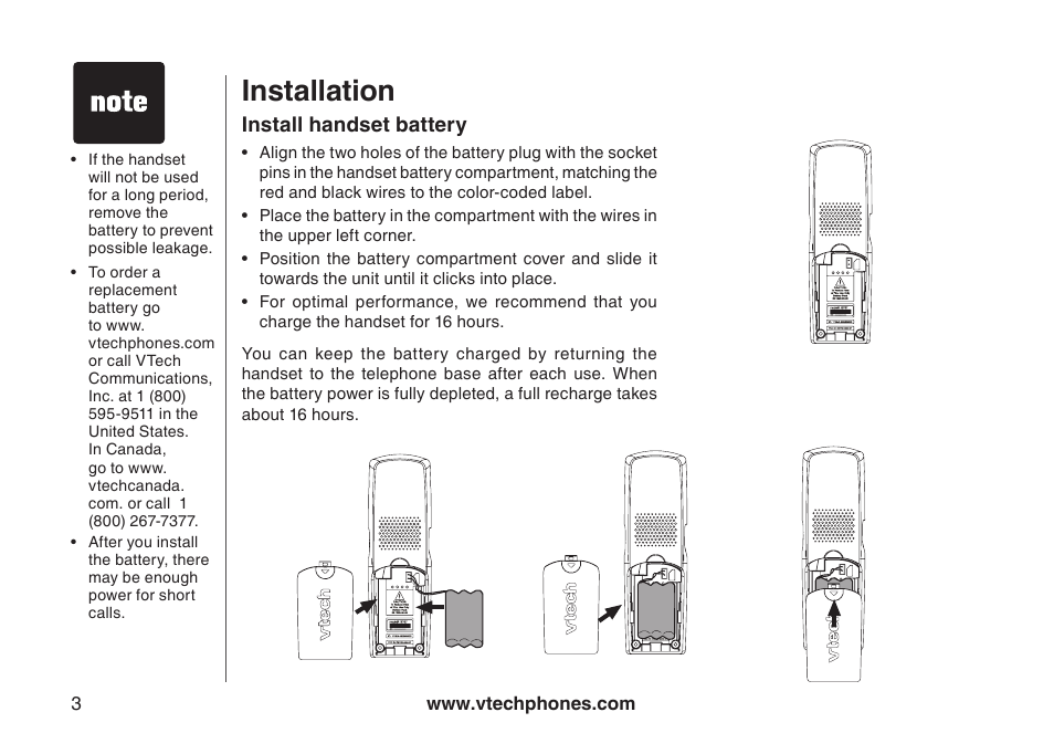 Install handset battery, Installation | VTech i6790 User Manual | Page 6 / 61