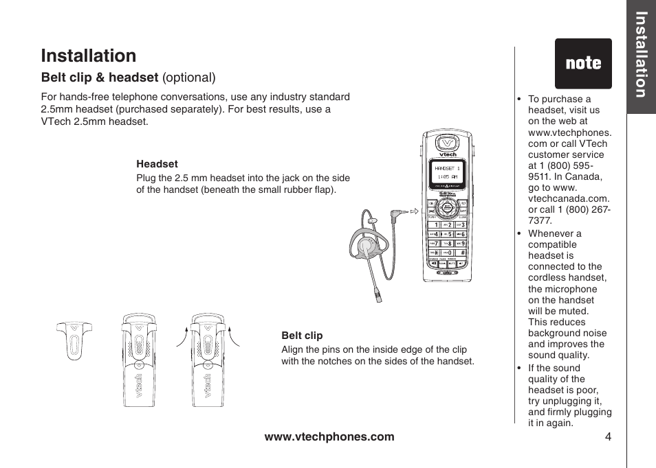 Belt clip, Belt clip & headset (optional), Headset | Belt clip & headset, Installation, Bas ic o pe ra tio n | VTech i6790 User Manual | Page 7 / 61
