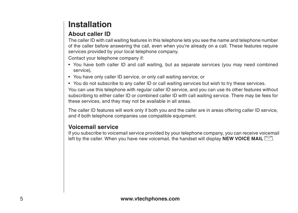 About caller id, Voicemail service, Installation | VTech i6790 User Manual | Page 8 / 61