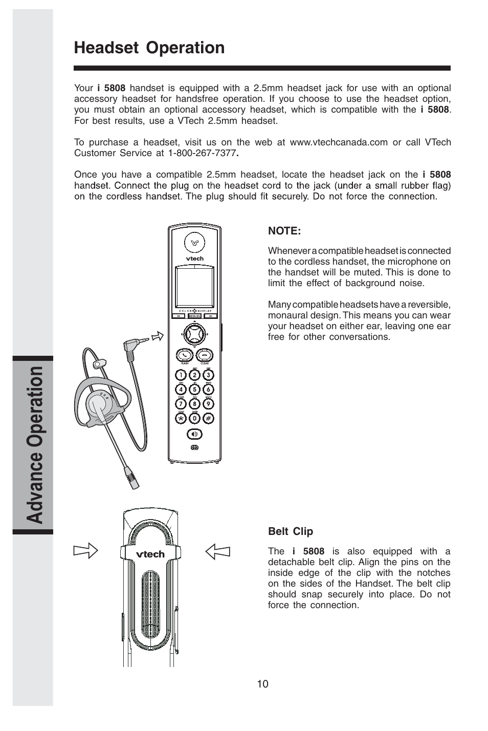 Noi tar ep o e cn av d a, Headset operation | VTech i 5808 User Manual | Page 11 / 23