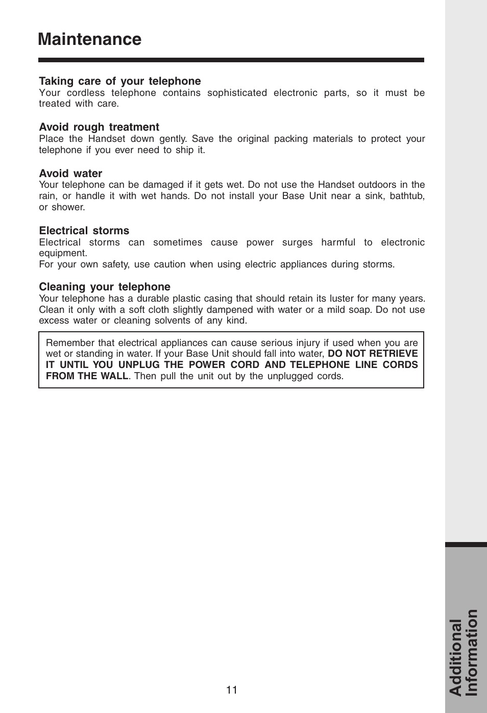 Advance operation, Maintenance, Additional information | VTech i 5808 User Manual | Page 12 / 23