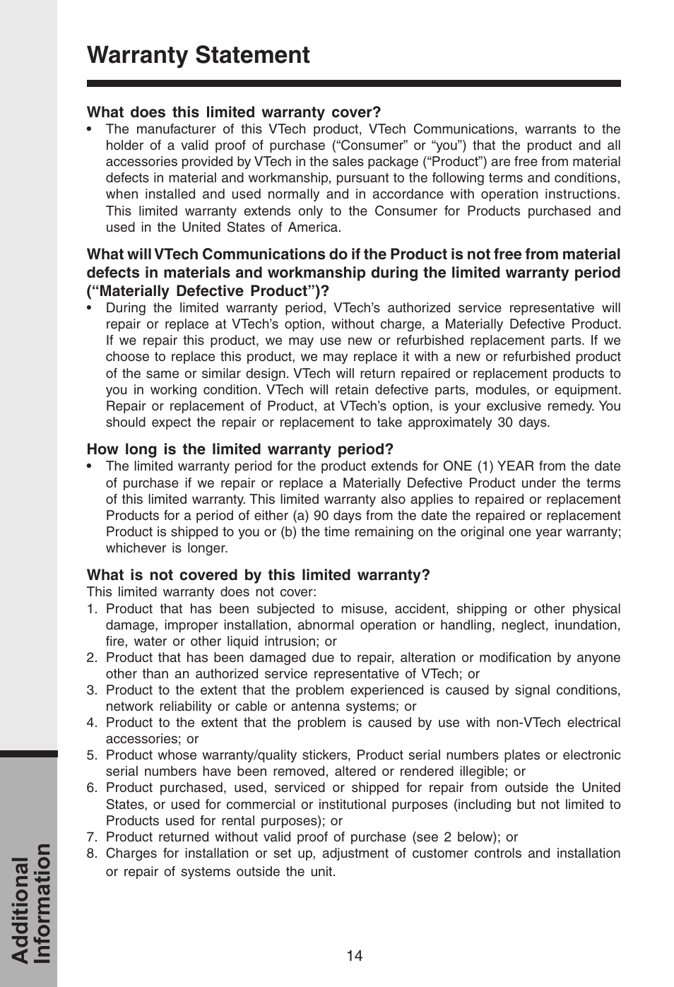 Warranty statement, Additional information | VTech i 5808 User Manual | Page 15 / 23