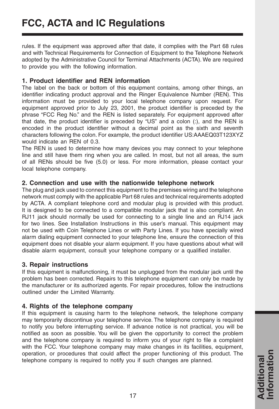 Fcc, acta and ic regulations, Additional information | VTech i 5808 User Manual | Page 18 / 23