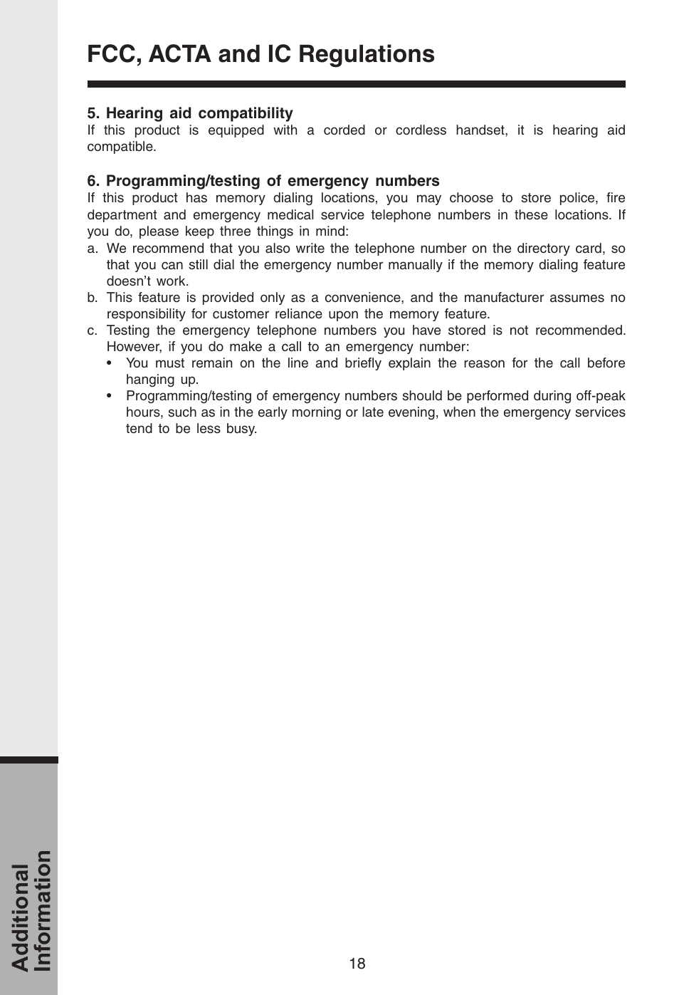 Fcc, acta and ic regulations, Additional information | VTech i 5808 User Manual | Page 19 / 23