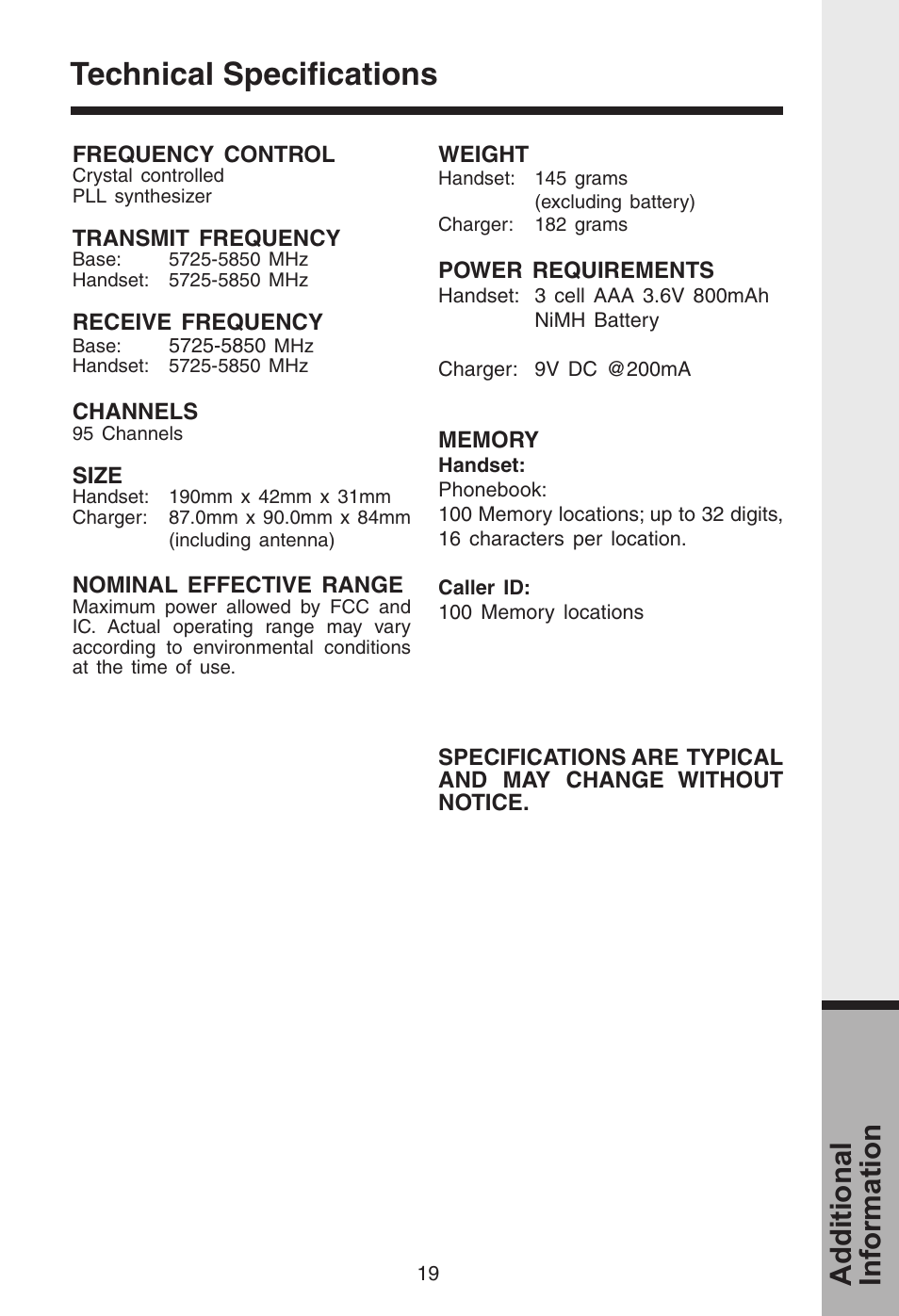 Technical specifications, Additional information | VTech i 5808 User Manual | Page 20 / 23