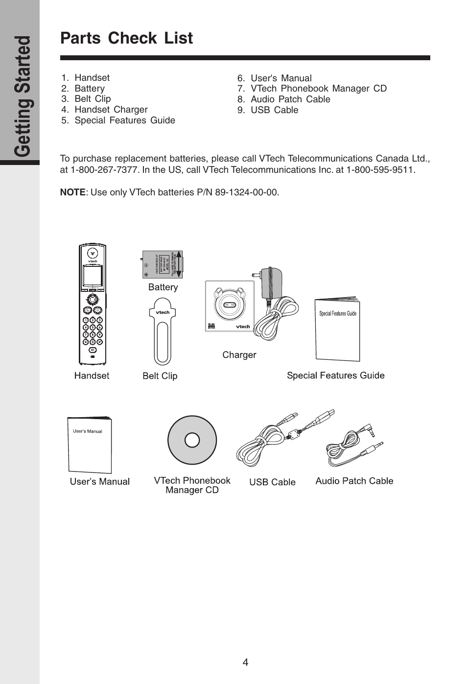 Getting started, Parts check list | VTech i 5808 User Manual | Page 5 / 23