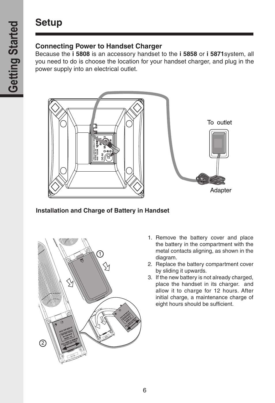 Getting started, Setup | VTech i 5808 User Manual | Page 7 / 23