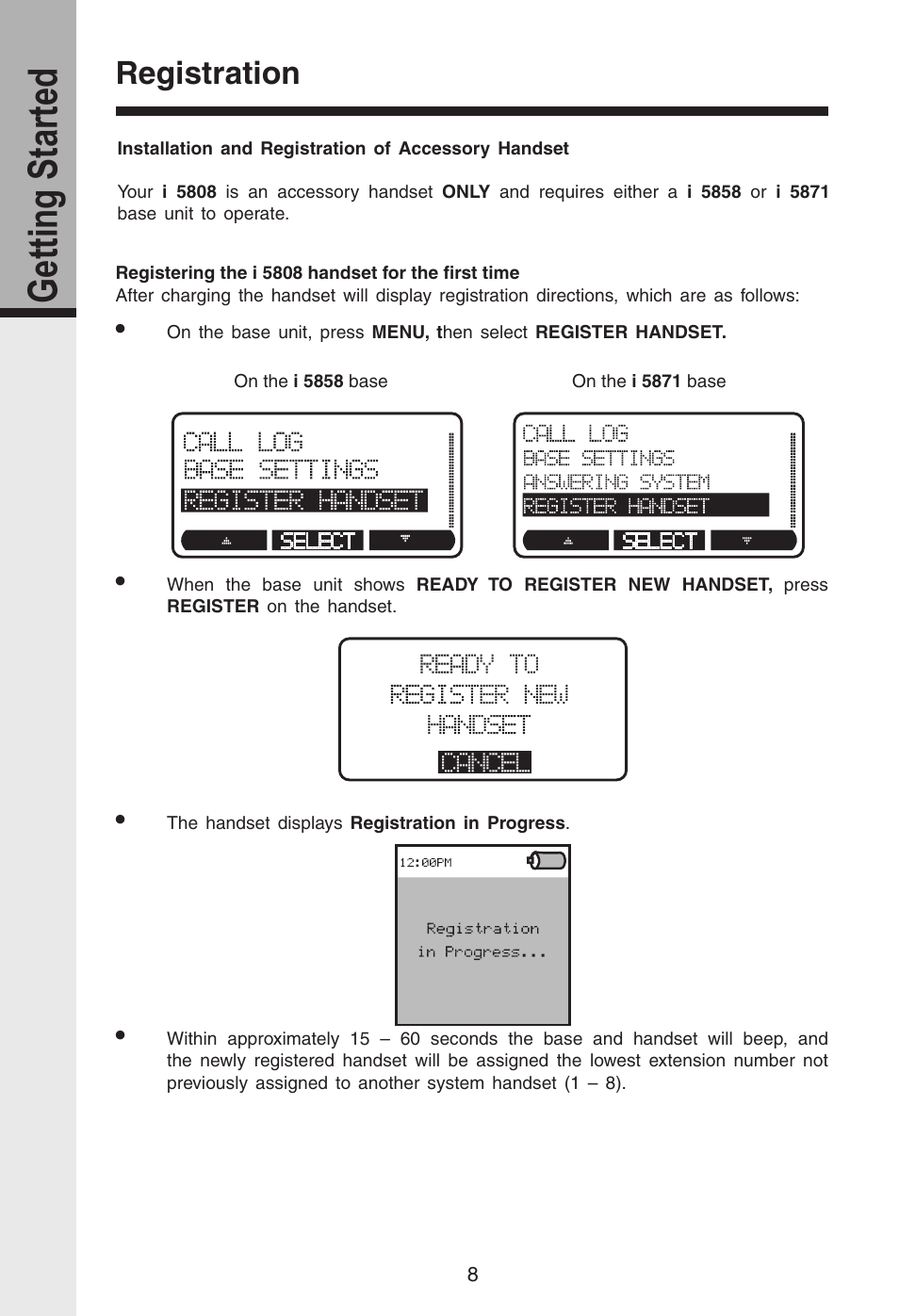 Getting started, Basic operation, Registration | VTech i 5808 User Manual | Page 9 / 23