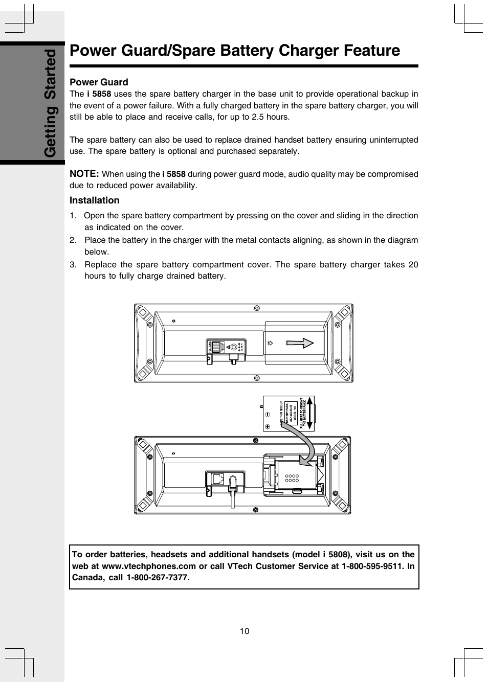 Power guard/spare battery charger feature, Power guard, Installation | Getting started | VTech I 5858 User Manual | Page 12 / 60