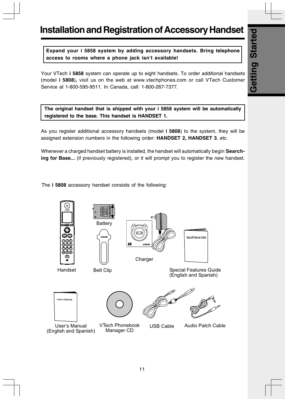 Installation and registration of accessory handset, Getting started | VTech I 5858 User Manual | Page 13 / 60