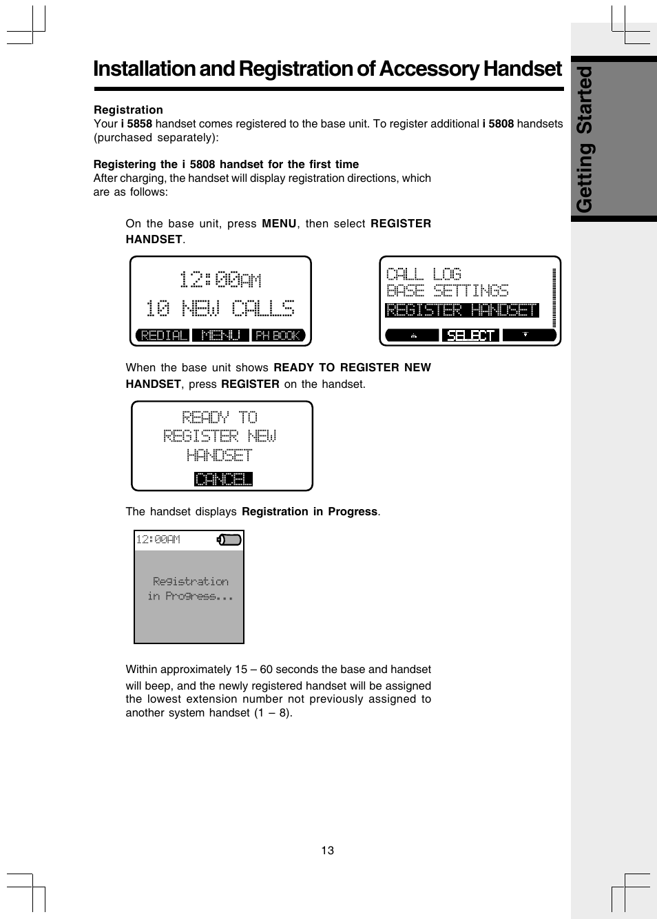 Registration, Registering the i 5808 handset for the first time, Installation and registration of accessory handset | Getting started, 10 new calls | VTech I 5858 User Manual | Page 15 / 60