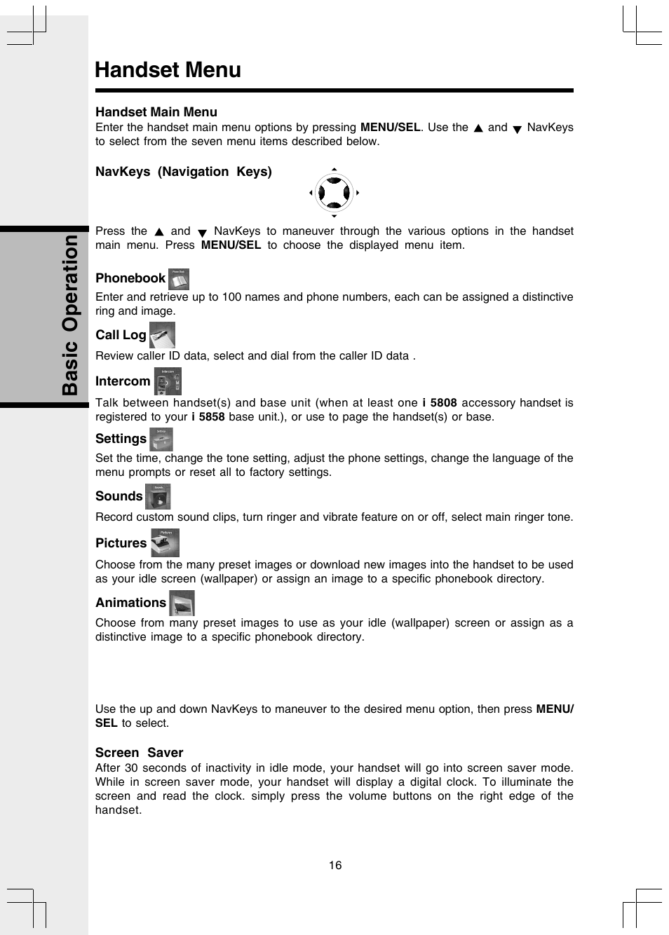 Handset menu, Handset main menu, Navkeys (navigation keys) | Basic operation | VTech I 5858 User Manual | Page 18 / 60