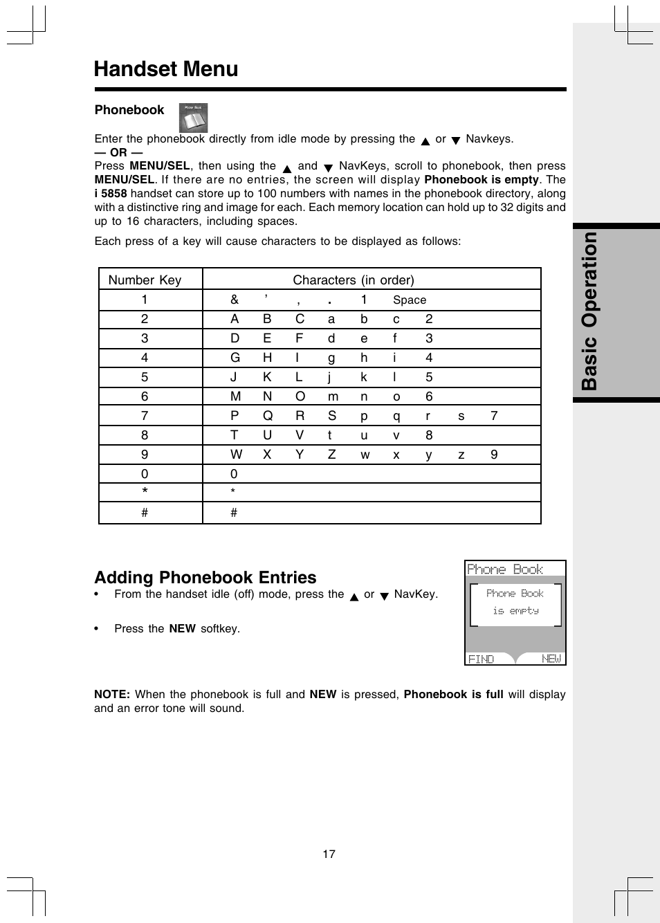 Screen saver, Phonebook, Adding phonebook entries | Handset menu, Basic operation | VTech I 5858 User Manual | Page 19 / 60