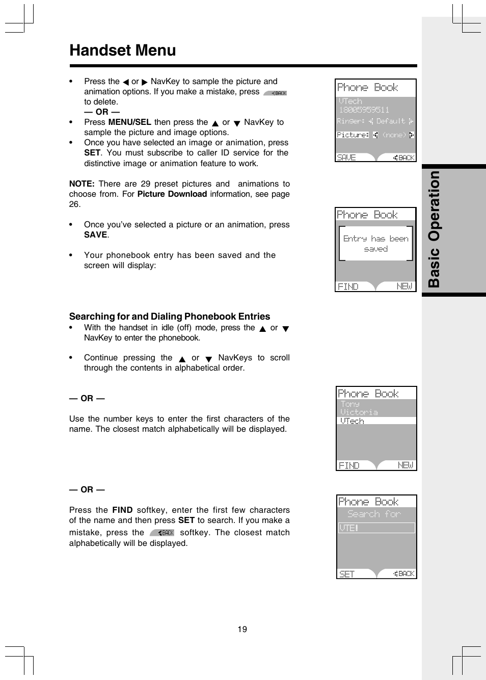 Searching for and dialing phonebook entries, Handset menu, Basic operation | VTech I 5858 User Manual | Page 21 / 60