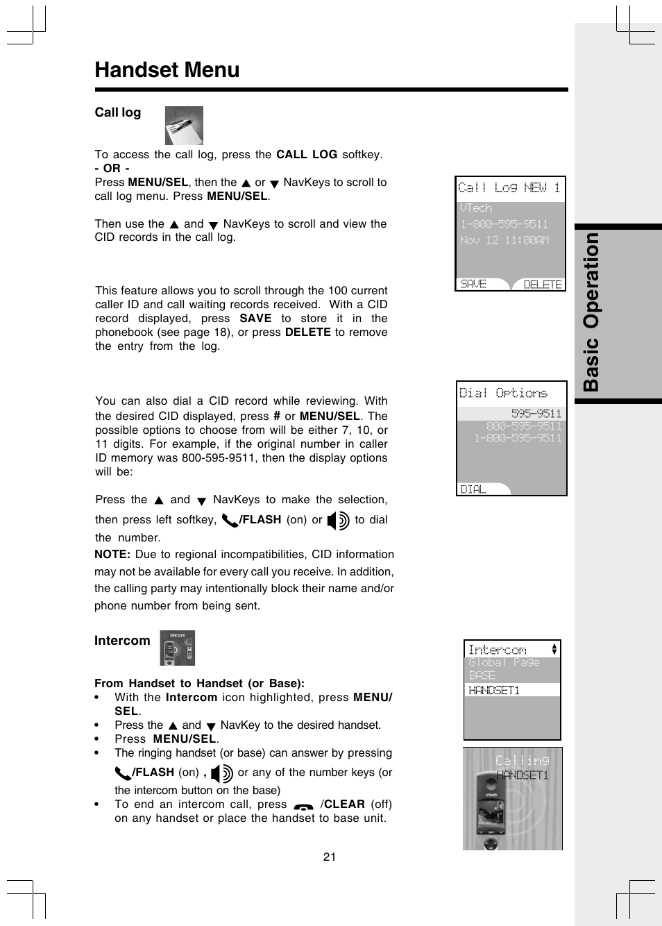 Call log, Intercom, From handset to handset (or base) | Handset menu, Basic operation | VTech I 5858 User Manual | Page 23 / 60