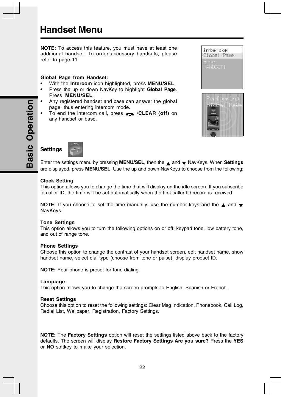 Settings, Clock setting, Tone settings | Phone settings, Language, Reset settings, Handset menu, Basic operation | VTech I 5858 User Manual | Page 24 / 60